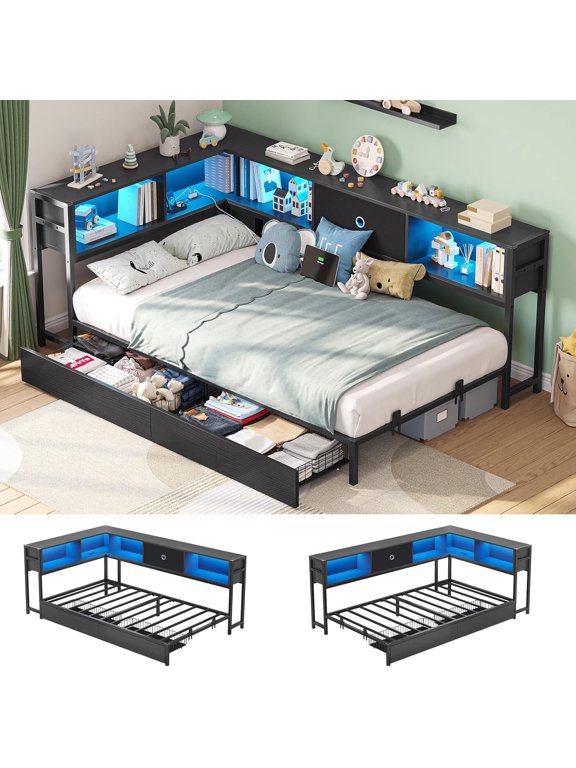 Twin Corner Bed Frame with Bookcase Storage and Led Lights,Twin Daybed Frame with Charging Station,Metal Platform Bed Frame with Storage Drawers Underneath for Living Room,Bedroom & Guest Room,Black