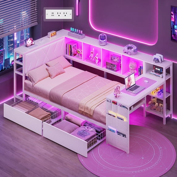 Twin Corner Bed Frame with Desk and Storage Bookcase, Metal Daybed with Charging Station, LED Lights and 2 Drawers, Twin Size Gaming Platform Bed Frame, Esports-Style, White