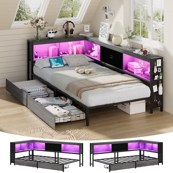 Lusimo Twin Corner Bed Frame with Bookcase Storage and LED Lights & Charging Station, Metal Platform Bed Frame with Storage Drawers Underneath for Bedroom, Gray
