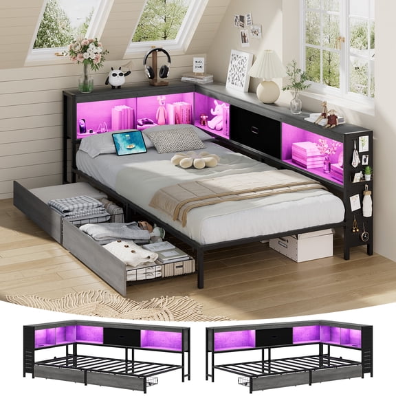 Lusimo Twin Corner Bed Frame with Bookcase Storage and LED Lights & Charging Station, Metal Platform Bed Frame with Storage Drawers Underneath for Bedroom, Gray