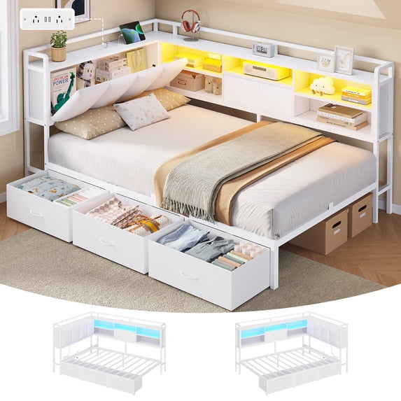 Twin Corner Bed Frame with Hidden Storage Headboard and 3 Drawers, Metal Corner Daybed with LED Lights & Charging Station, Twin Size Upholstered Bed Frames for Teens/Adults, White
