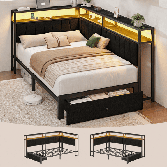 Twin Corner Bed Frame with Storage Drawers, LED Lights and Charging Station, Modern Twin Size Bed Frame Metal Platform with Linen Upholstered Guardrail, Dorm Bedroom Daybed for Teen Adult, Black
