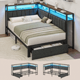 thumbnail image 1 of Twin Corner Bed Frame with Storage Drawers, LED Lights and Charging Station, Modern Twin Size Bed Frame Metal Platform with Linen Upholstered Guardrail, Dorm Bedroom Daybed for Teen Adult, Gray, 1 of 7