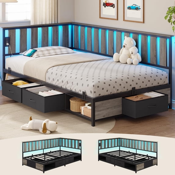 Twin Corner Bed Frame with Storage and Led Lights Metal Platform Bed Frame Twin Size with Storage Drawers & Charging Station Twin Size Daybed for Living Room,Bedroom,Guest Room,Wood Guardrail,Grey