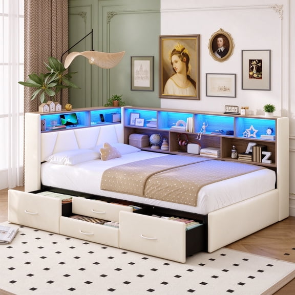 Upholstered Corner Bed with Storage Bookcase Headboard, Twin Daybed with 4 Drawers, 9 Shelves, Charger & LED Lights for Small Space, No Box Spring Needed, Beige& Nile Oak