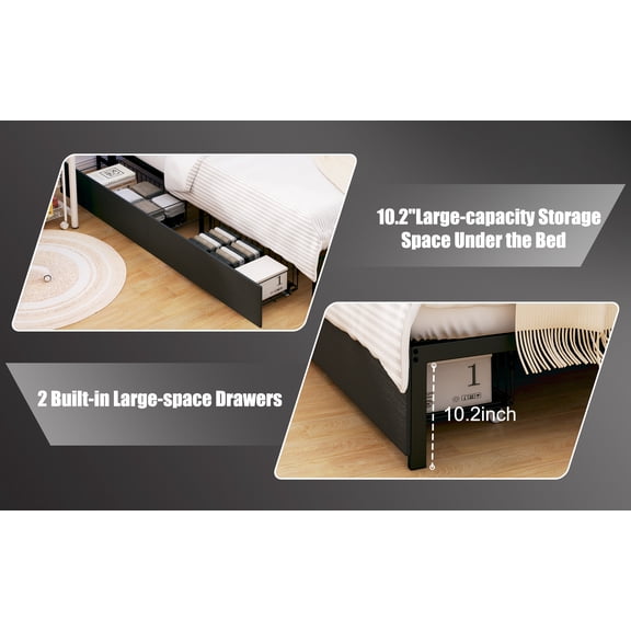 Twin Corner Bed Frame with Bookcase & 2 Storage Drawers, Black Metal & Engineered Wood, Built-in LED Lights & Charging Station for Bedroom