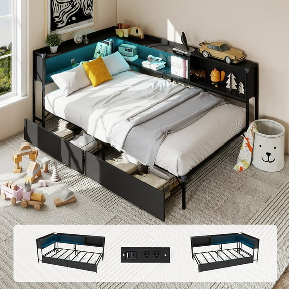 Twin Corner Bed Frame with Bookcase Storage, Twin Size Metal Platform Corner Bed Frame with Charging Station and LED Lights, Black
