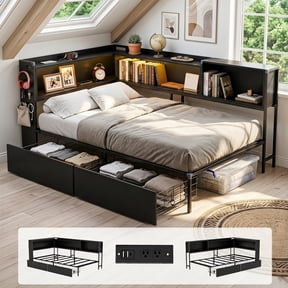 Twin Corner Bed Frame with Bookcase Storage, Twin Size Metal Platform Corner Bed Frame with Charging Station and LED Lights, Black