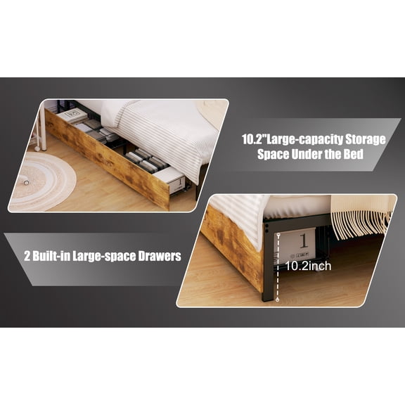 Twin Corner Bed Frame with Storage Bookcase & Drawers, Smart LED Light, Metal & Engineered Wood, Brown, Bedroom Unit, Space-Saving Design