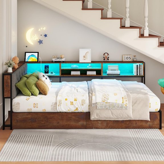 Twin Corner Bed Frame with Storage Bookcase and LED Lights, Upholstered Platform Bed with Headboard and Charging Station, Rustic Brown & Gray