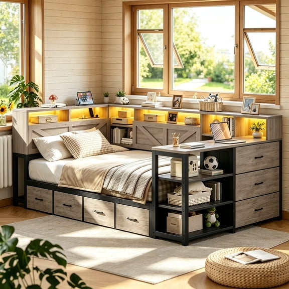 Twin Corner Daybed Frame with Desk and Bookcase Headboard, Storage Shelves & 7 Drawers, LED Metal Platform Captain Bed with Charger, Space Saving Furniture Farnhouse Gray