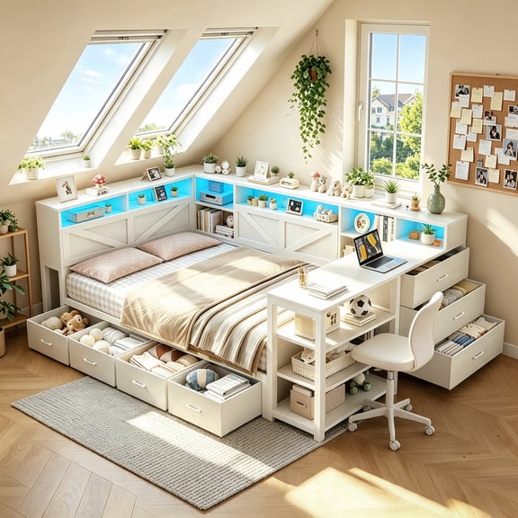 Twin Corner Daybed Frame with Desk and Bookcase Headboard, Storage Shelves & 7 Drawers, LED Metal Platform Captain Bed with Charger, Space Saving Furniture Farnhouse White