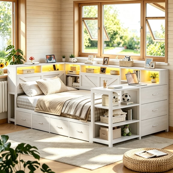 Twin Corner Daybed Frame with Desk and Bookcase Headboard, Storage Shelves & 7 Drawers, LED Metal Platform Captain Bed with Charger, Space Saving Furniture Farnhouse White