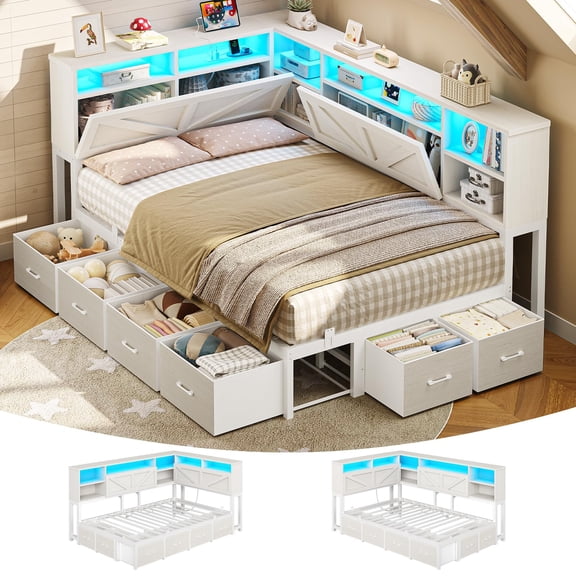 Twin Corner Daybed Frame with Storage Bookcase Headboard and 6 Under-bed Drawers, LED Metal Platform Captain Bed with Charger, Space Saving Furniture Farnhouse White