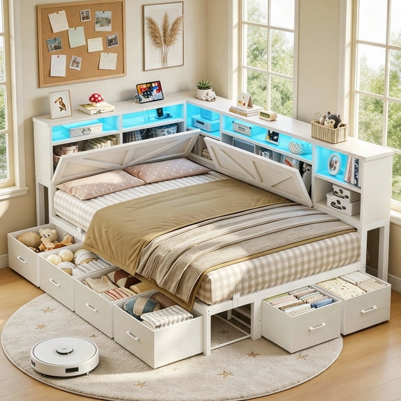 Twin Corner Daybed Frame with Storage Bookcase Headboard and 6 Under-bed Drawers, LED Metal Platform Captain Bed with Charger, Space Saving Furniture Farnhouse White