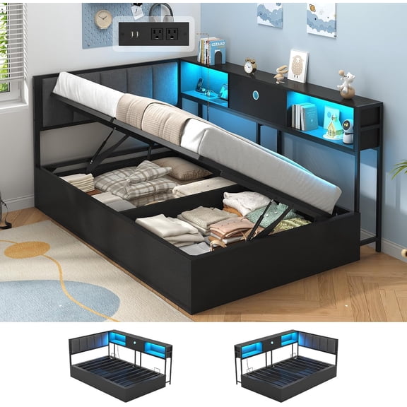 Twin Corner Lift Up Storage Bed Frame with Bookcase Storage and Charging Station, Twin Size Lift Up Daybeds with Led Lights, Metal Upholstered Platform Bed Frame for Teens Guests, Black