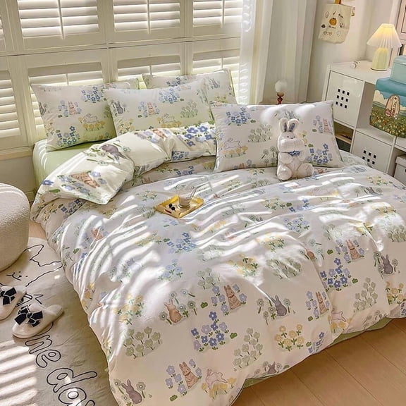 Twin Cotton Fitted Sheet Set 3Pcs Flat Sheet Pillowcase Bedding Cartoon Bunny