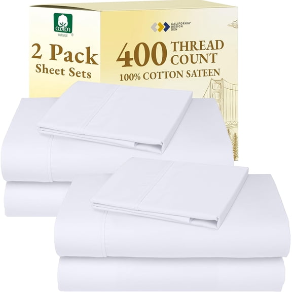 Twin Cotton Sheet Set 400 Thread Count Sateen Weave Deep Pocket Pack of 2 Bright White