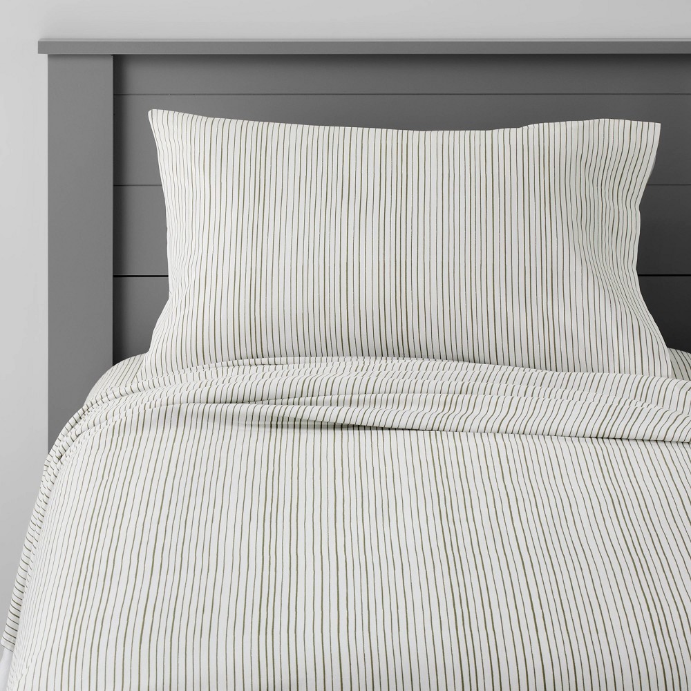 Twin Cotton Striped Sheet Striped Green Pillowfort