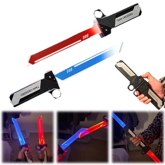 Twin Crossed LED Light Sword Set, Retractable Red & Blue Blades, Reversible Fingertip Spin Hilt, Connectable Double-Blade for Party