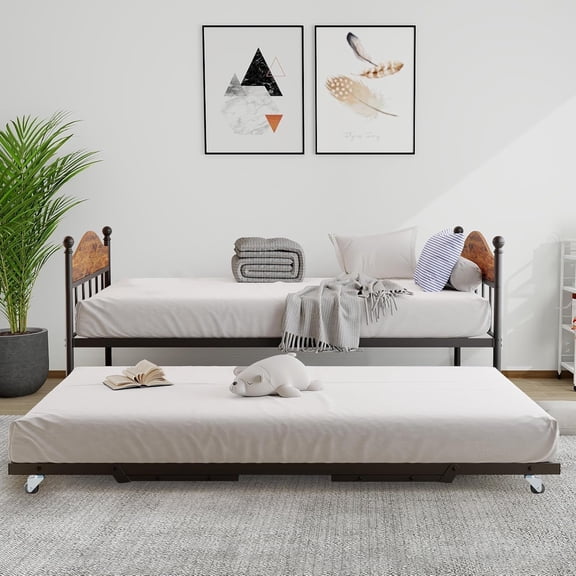 Twin Day Bed with Trundle Bed, Modern Sofa Bed Frame with Foldable Design, Metal Bed Frame & Heavy Duty Steel Slats, Space-Saving for Living Room, Bedroom, Guest Room, Brown & Black