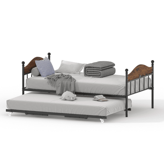 Twin DayBed with Trundle, Metal Twin Size Day Bed with Stylish Headboard, Versatile Sofa Bed Frame with Steel Slat Support for Living Room, Bedroom, Guest Room