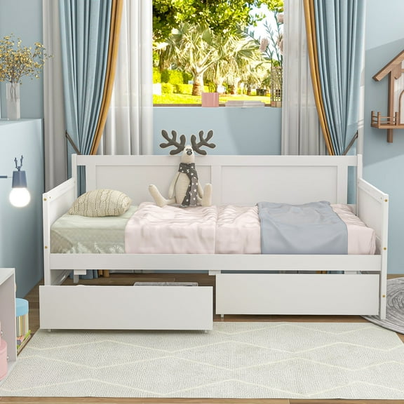 Twin Daybed Bed Frame with Storage Drawers, UHOMEPRO Solid Wood Twin Size Bed Frame, Modern Bedroom Furniture Single Day Bed Sofa Bed for Teens Adults, No Box Spring Needed, White
