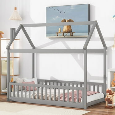 Twin Floor Bed for Kids, Segmart Twin House Bed with Safety Guardrails, Toddler Daybed Frame with Wood Slats, No Box Spring Needed, 200 lbs Weight Capacity, Gray