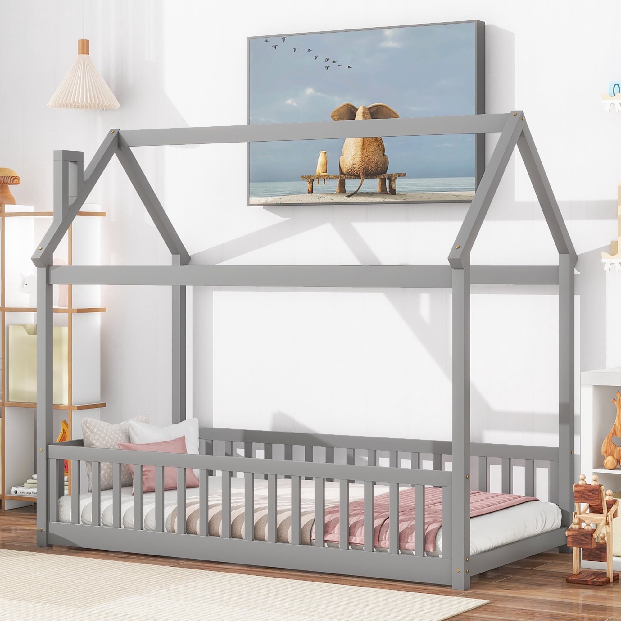 Twin Floor Bed for Kids, Segmart Twin House Bed with Safety Guardrails, Toddler Daybed Frame with Wood Slats, No Box Spring Needed, 200 lbs Weight Capacity, Gray