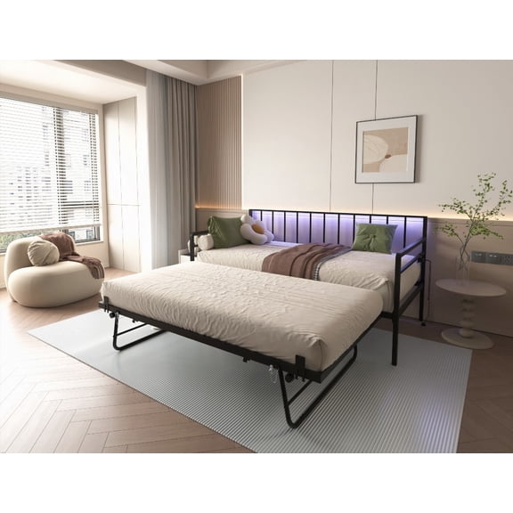 Twin Daybed Boasting RGB LED Lights & a Charging Station, Sturdy Steel Construction, for Bedroom & Guest Room