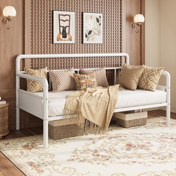 Twin Daybed with Classic Headboard, Metal Twin Bed Frame, Heavy Duty Steel Slats Support, Sofa Bed Frame for Living Room, Guest Room, Noise Free, No Box Spring Needed, White