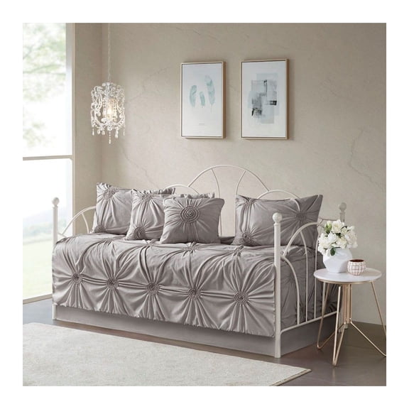 Twin Daybed Cover Set 6 Piece - Puckered Tufted Design, Reversible, Dark Grey - Includes Shams & Pillow