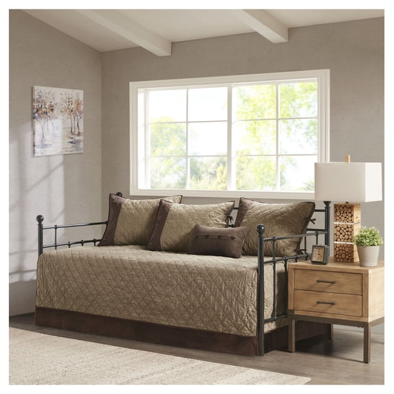 Twin Daybed Cover Set 6 Piece Rustic Faux Suede Quilted Bedding - Cabin Style Daybed Decor - 17 Inch Drop - Includes Shams & Pillow