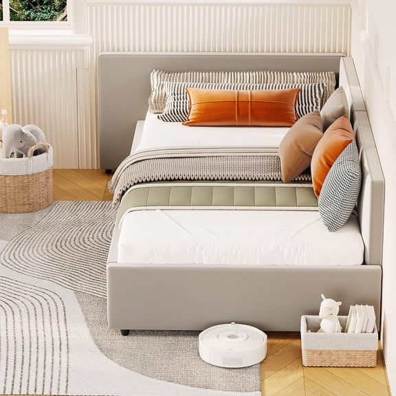 Twin Daybed with Extended Headboard, Corner Bed Frame with Bed Rails, Velvet Upholstered Sofa Bed with Guardrail for Bedroom, Guest Room,Adjustable Installation, Light Grey