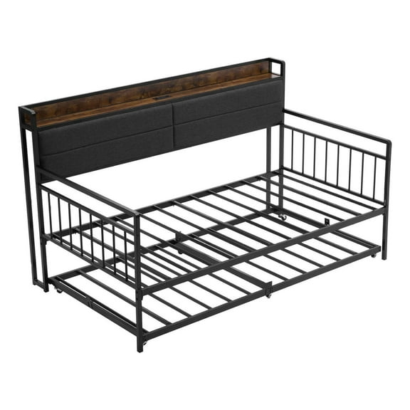 Twin Daybed Frame with Trundle & Charging Station - Metal Daybed Full Size Conversion - 2-in-1 Multifunctional Guest Bed for Small Spaces, Living Room