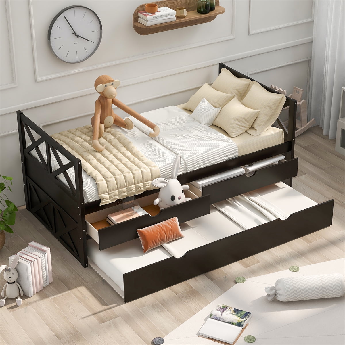 Twin Daybed Frame with Trundle and Drawers, Multi-Functional Wooden ...