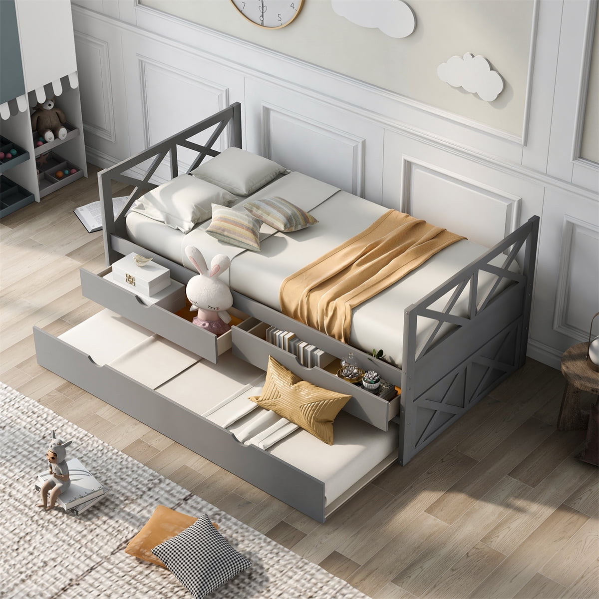 Twin Daybed Frame with Trundle and Drawers, Multi-Functional Wooden ...