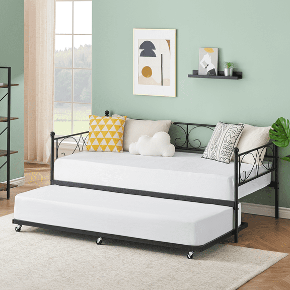 Twin Daybed Frame with Headboard, Metal Platform Sofa Bed Single Bed Frame with Rremovable Trundle Bed