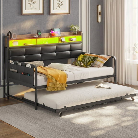 Twin Daybed Frame with Trundle and Charging Station, for Living Room,Bedroom & Guest Room, Black Corner Bed with PU Upholstered Headboard
