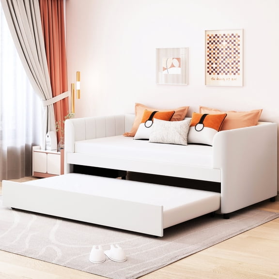 Twin Daybed In Beige With Ergonomic And Flexible Portable Collapsible Expandable Storage Trundle Size Removable