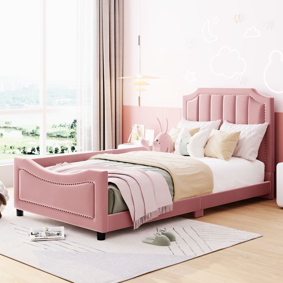 Twin Daybed In Charming Pink With Classic Stripe Headboard - Wood Structure Bewitching Materials, Bedroom Delight
