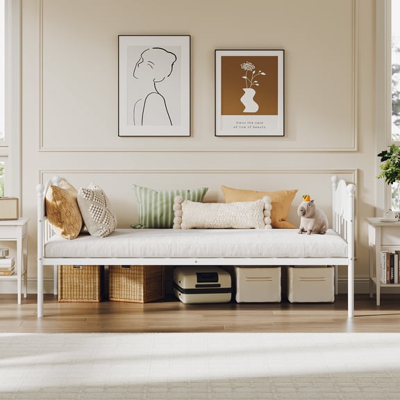 Twin Daybed, Metal Day Bed with Stylish Headboard, Heavy Duty Steel Slats Platform for Living Room, Under-Bed Storage Space, Bedroom and Guest Room, White