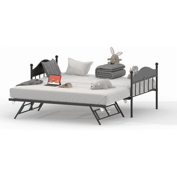 Memoryfield Twin Daybed with Pop-Up Trundle, Metal Frame with Stylish Headboard, Heavy Duty Steel Slats Platform, Convertible Sofa Bed for Living Room, Guest Room & Bedroom, Black