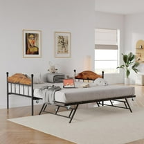 Twin Daybed with Pop-Up Trundle, Metal Frame with Stylish Headboard, Heavy Duty Steel Slats Platform, Convertible Sofa Bed for Living Room, Guest Room & Bedroom, Brown