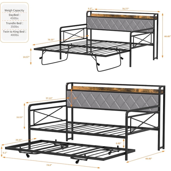 Twin Daybed with Pop-up Trundle Bed, Day Bed with LED Light & Charing Station, Upholstered Bed Frame with Storage Headboard and Heavy Duty Metal Slats, Living Room, Bedroom, Guest Room, Gray