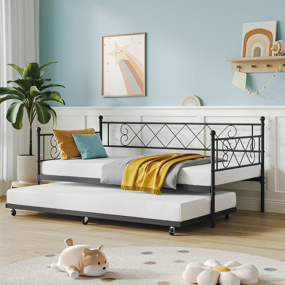 Twin Daybed with Pull-Out Trundle, Stylish Headboard and Metal Slats, No Box Spring Required, Easy Assembly, Suitable for Guest Rooms and Small Spaces, Black