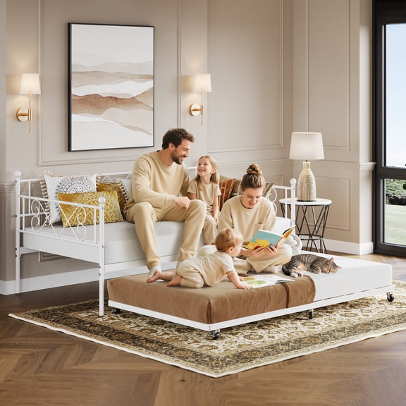 Twin Daybed with Pull-Out Trundle, Stylish Headboard and Metal Slats, No Box Spring Required, Easy Assembly, Suitable for Guest Rooms and Small Spaces, White