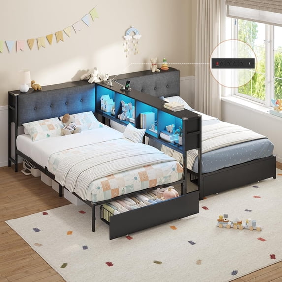 Twin Daybed with Storage Bookcase Divider and 2 Drawers, Double Twin Platform Bed Frame with Charging Station and Headboard, Corner Bed Frame for 2 Teens, Black