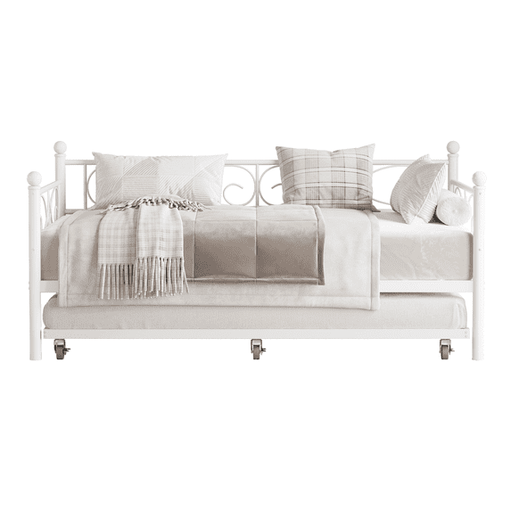 Twin Daybed with Trundle Bed, Space-Saving Metal Day Bed Frame with Floral Headboard and Heavy Duty Steel Slats, Modern Pull Out Sofa Bed for Guest Room, Living Room