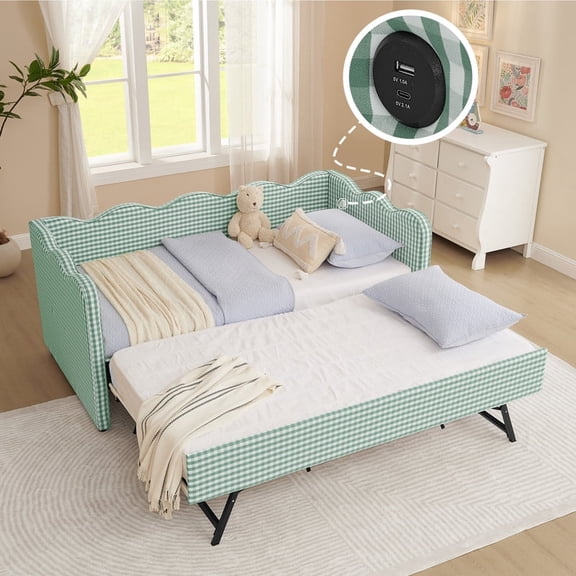 Twin Daybed with Trundle and Charging Station, Upholstered Gingham Daybed Sofa Bed, Pull Out Trundle Daybed, Twin Upholstered Space Saving Bed Frame (Bright Green)